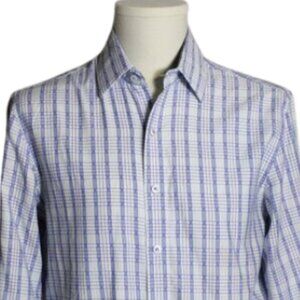 Tasso Elba SZ SM Indigo Blue, Aqua & White Plaid LS Men's Button Up Shirt